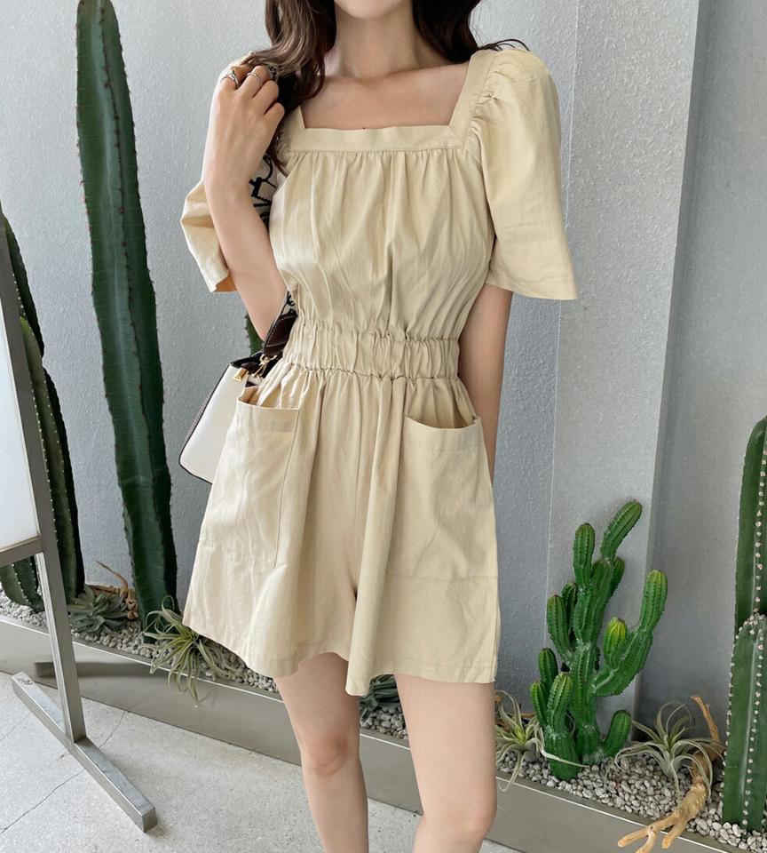 スクエアネックショートオールインワン・全2色・t67258 レディース 【pt】オールインワン パンツ ズボン ショートパンツ 半袖 スクエアネック デコルテ 鎖骨 単色 カジュアル シンプル ラフ 楽ちん ウエストゴム 春 夏 韓国ファッション