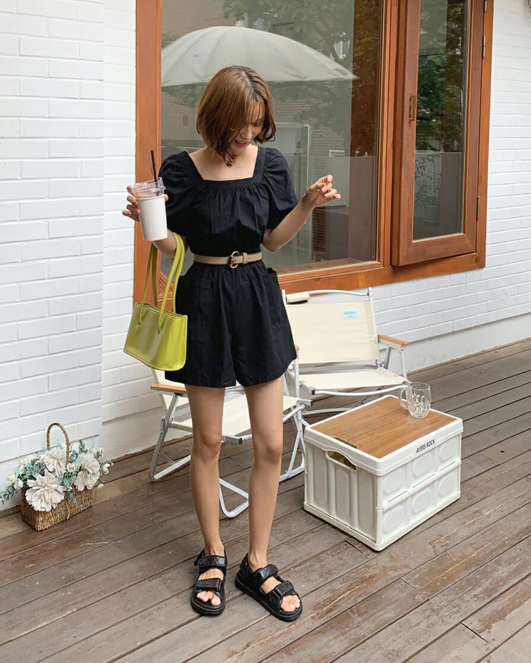 スクエアネックショートオールインワン・全2色・t67258 レディース 【pt】オールインワン パンツ ズボン ショートパンツ 半袖 スクエアネック デコルテ 鎖骨 単色 カジュアル シンプル ラフ 楽ちん ウエストゴム 春 夏 韓国ファッション