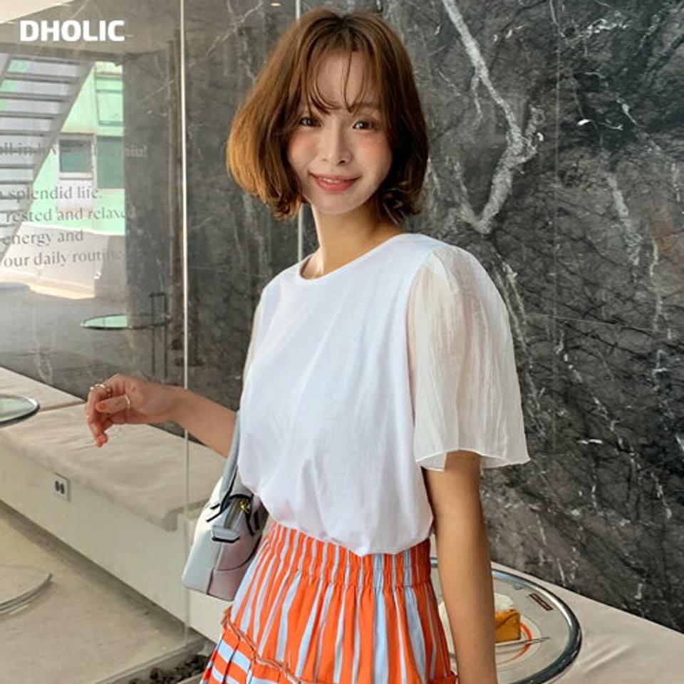 シアーフレアスリーブTシャツ・全3色・t67255 レディース 【tops】トップス Tシャツ 半袖 二の腕カバー 透け感 シアー シースルー フレアスリーブ 単色 無地 シンプル ラウンドネック フェミニン パフスリーブ きれいめ 春 夏 韓国ファッション