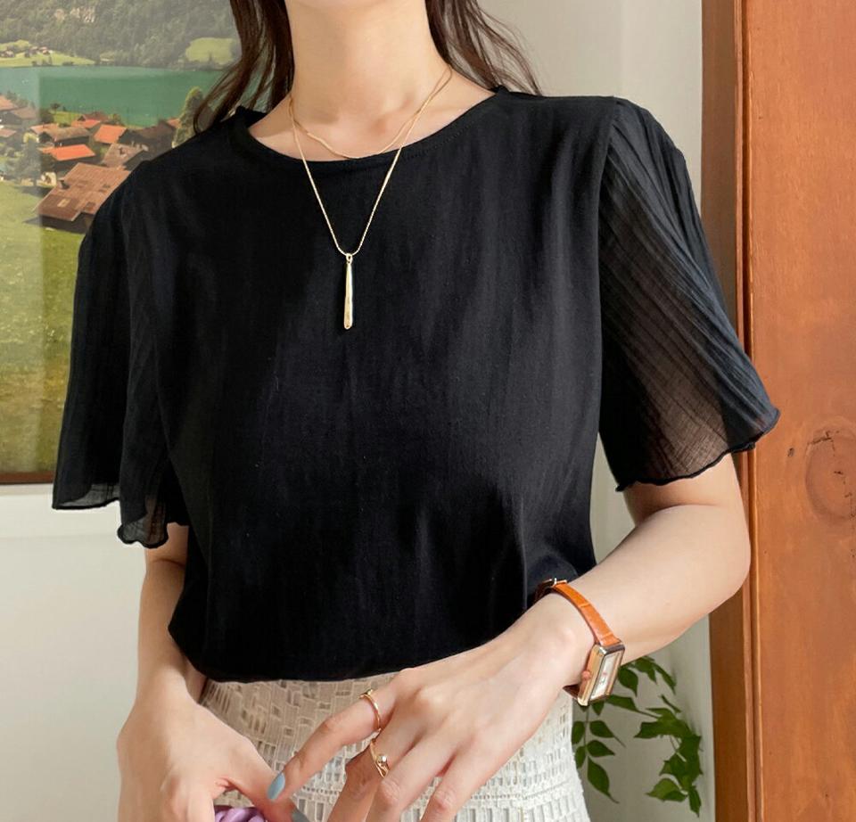 シアーフレアスリーブTシャツ・全3色・t67255 レディース 【tops】トップス Tシャツ 半袖 二の腕カバー 透け感 シアー シースルー フレアスリーブ 単色 無地 シンプル ラウンドネック フェミニン パフスリーブ きれいめ 春 夏 韓国ファッション
