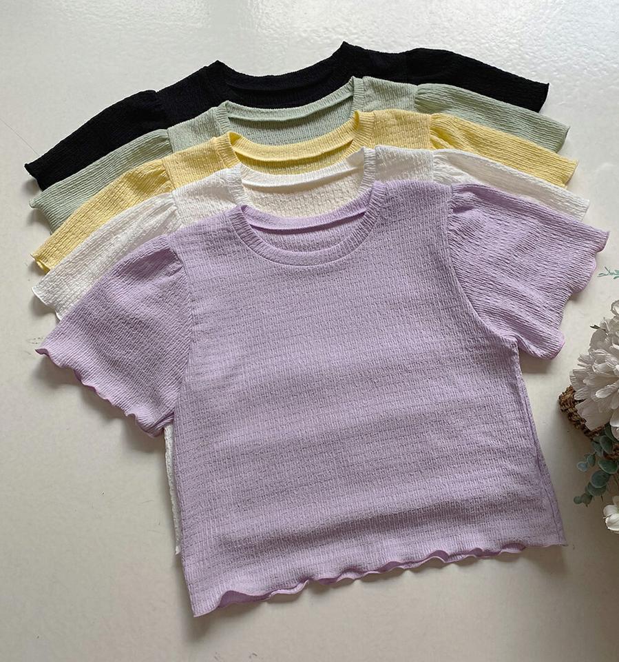 リンクルメロウ半袖Tシャツ・全5色・t67256 レディース 【tops】トップス Tシャツ 半袖 メロウ リンクル 単色 シンプル 大人 ラウンドネック カジュアル パフスリーブ 春 夏 韓国ファッション