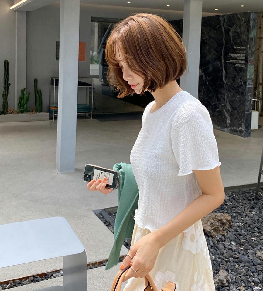 リンクルメロウ半袖Tシャツ・全5色・t67256 レディース 【tops】トップス Tシャツ 半袖 メロウ リンクル 単色 シンプル 大人 ラウンドネック カジュアル パフスリーブ 春 夏 韓国ファッション