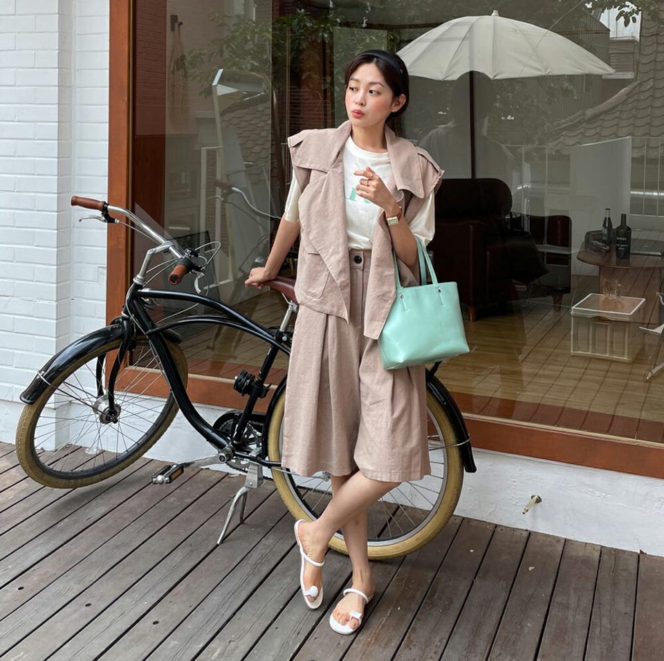 ワンポケットベスト&バミューダパンツSET・全3色・t67263 レディース 【pt】セットアップ seutp アウター ベスト レイヤード テーラードカラー ハーフパンツ 半ズボン パンツ タック 単色 無地 シンプル ワイド ハイウエスト 春 夏 韓国ファッション