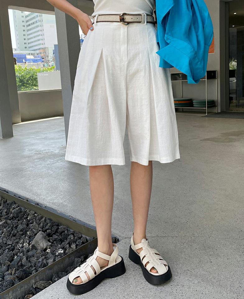 バミューダパンツ・全3色・t67264 レディース 【pt】パンツ ズボン 半ズボン ハーフパンツ バミューダパンツ 単色 無地 シンプル ベーシック 大人 カジュアル ワイドパンツ ハイウエスト タック ベルトループ 春 夏 秋 韓国ファッション