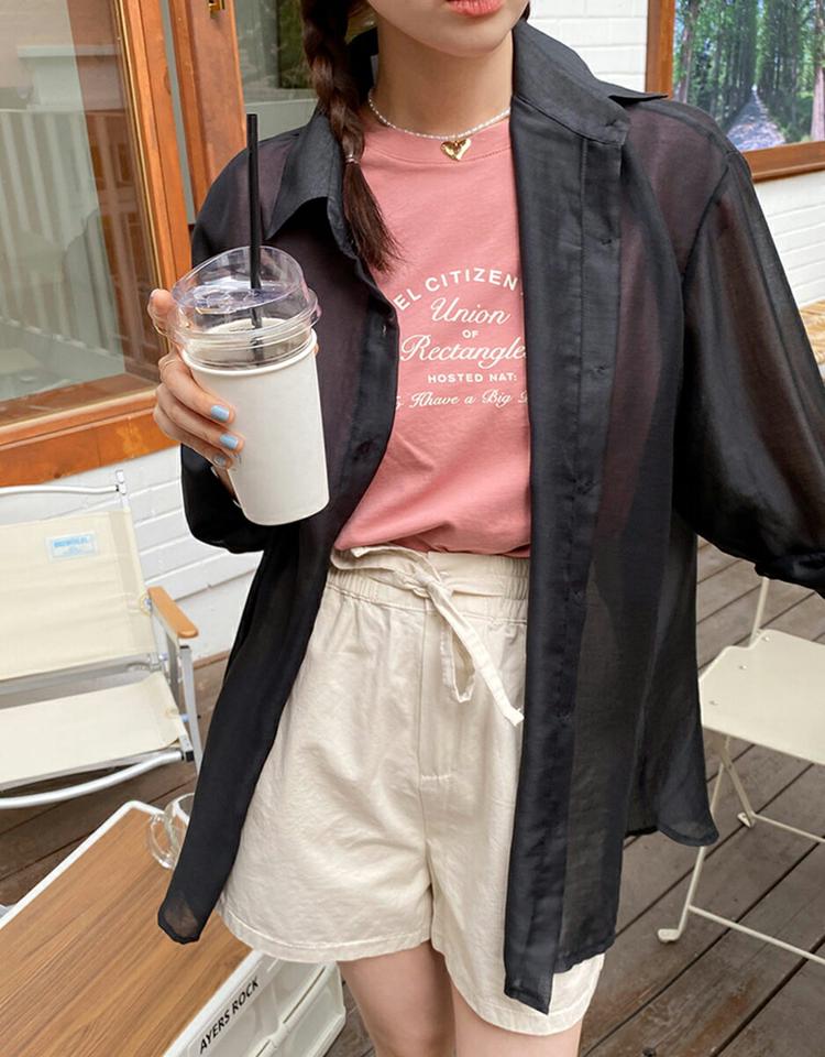 ルーズシアーシャツ・全3色・t67270 レディース 【bl】トップス シャツ 長袖 シアー 透け感 シースルー ルーズ ゆったり 単色 無地 シンプル ベーシック カジュアル ラフ 大人 スリット カラーアイテム アンバランス 春 秋 韓国ファッション