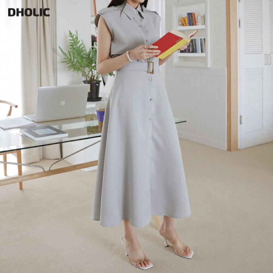 ≪人気商品再入荷≫ベルト付ノースリシャツワンピース・全3色・b00362 レディース 【ops】ワンピース ロング丈 ノースリーブ スリーブレス ボタン 襟 ユニーク ベルト付き ウエストマーク パステル フレア トレンチ風 春 夏 大人っぽ 韓国ファッション ハイホリHIHOLLI