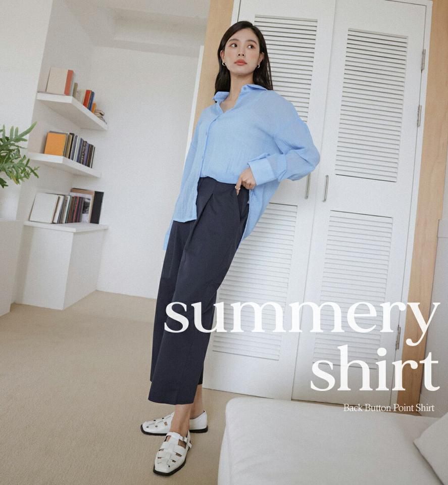 バックボタンシアーシャツ・全3色・t00361 レディース 【bl】シャツ 長袖 シアー 透け感 シースルー パステル 綿 コットン バックシャン バックスリット ルーズフィット ヘム 楽ちん 春 夏 カジュアル 韓国ファッション ハイホリHIHOLLI