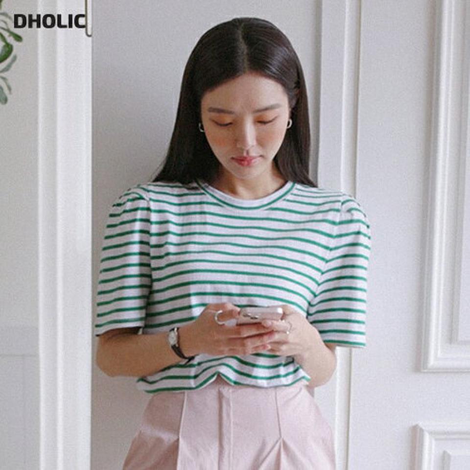 ボーダーパフTシャツ・全3色・t00354 レディース 【tops】トップス 半袖 柄 模様 ボーダー 綿 コットン 爽やか ラウンドネック パフ タック 春 夏 カジュアル グリーン ネイビー ブルー かわいい 可愛い 韓国ファッション ハイホリHIHOLLI