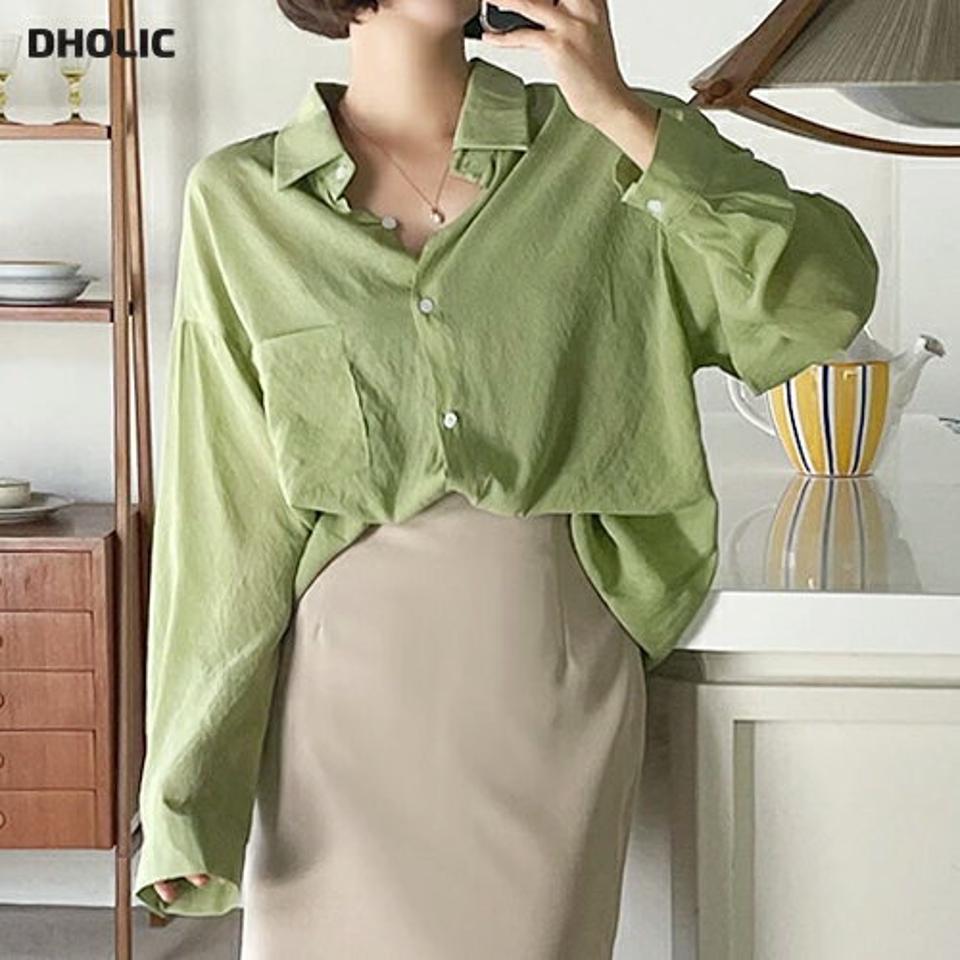 ワンポケットシアーシャツ・全5色・t66817 レディース 【bl】トップス シャツ 長袖 シアー 透け感 ワンポケット 単色 無地 シンプル ベーシック カジュアル リンクル ドロップショルダー アンバランス スクールガール 春 秋 韓国ファッション