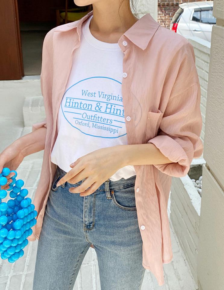 ワンポケットシアーシャツ・全5色・t66817 レディース 【bl】トップス シャツ 長袖 シアー 透け感 ワンポケット 単色 無地 シンプル ベーシック カジュアル リンクル ドロップショルダー アンバランス スクールガール 春 秋 韓国ファッション