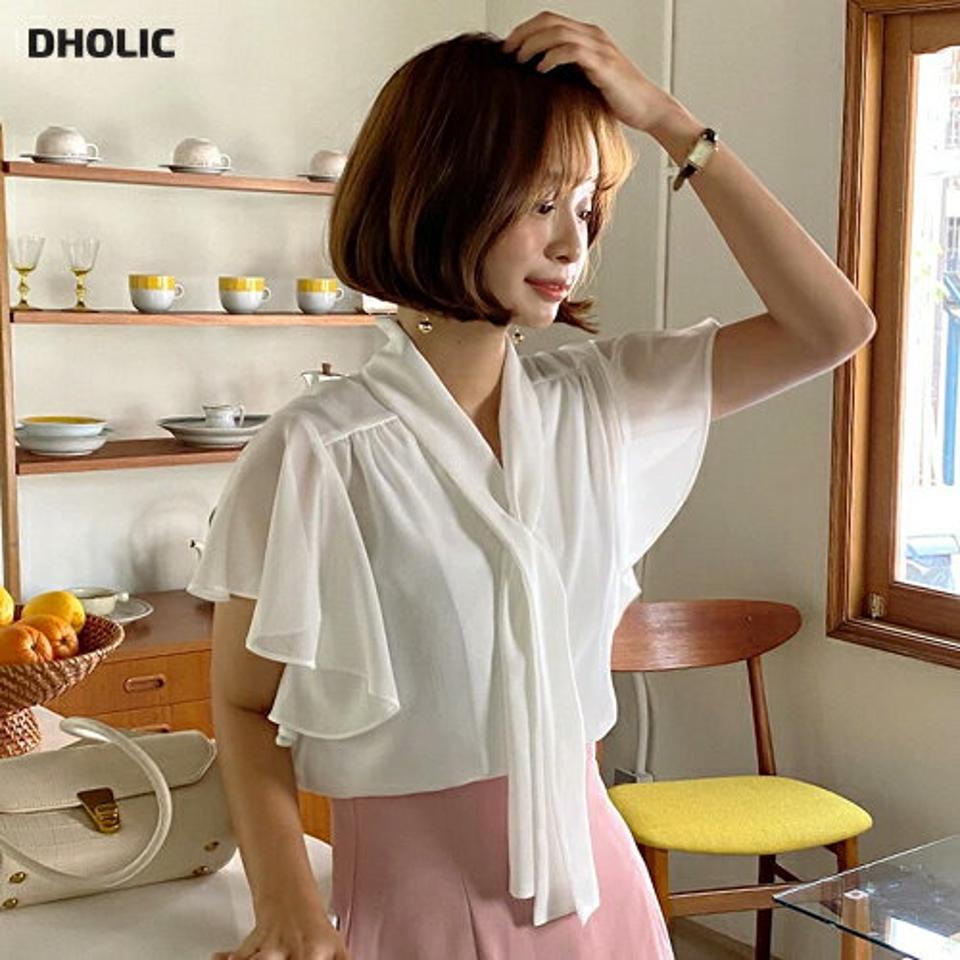 フリルスリーブリボンブラウス・全3色・t66813 レディース 【bl】トップス ブラウス 半袖 フリル ラッフル りぼん 襟コン 単色 シンプル きれいめ オフィスカジュアル ギャザー ショートスリーブ 二の腕カバー 春 夏 韓国ファッション