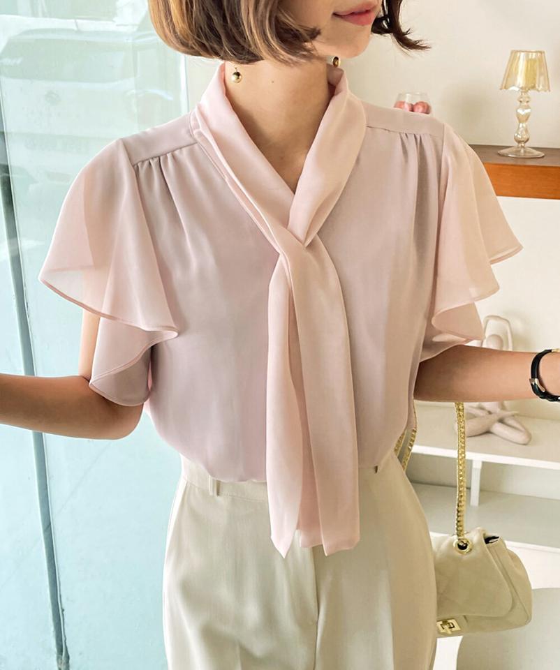 フリルスリーブリボンブラウス・全3色・t66813 レディース 【bl】トップス ブラウス 半袖 フリル ラッフル りぼん 襟コン 単色 シンプル きれいめ オフィスカジュアル ギャザー ショートスリーブ 二の腕カバー 春 夏 韓国ファッション