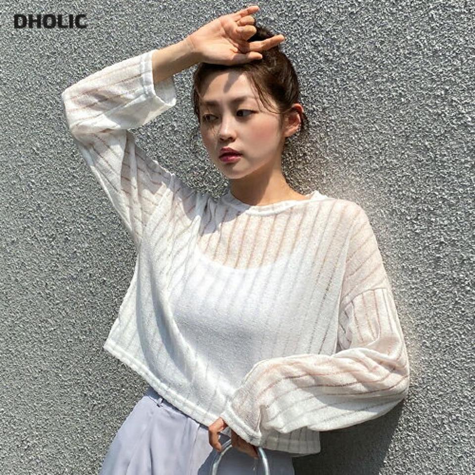 シアーラインTシャツ・全4色・b66811 レディース 【tops】トップス Tシャツ 長袖 シアー シースルー 透け感 ストライプ柄 カジュアル ラウンドネック ドロップショルダー クロップド丈 ラフ メッシュ 海 春 夏 韓国ファッション