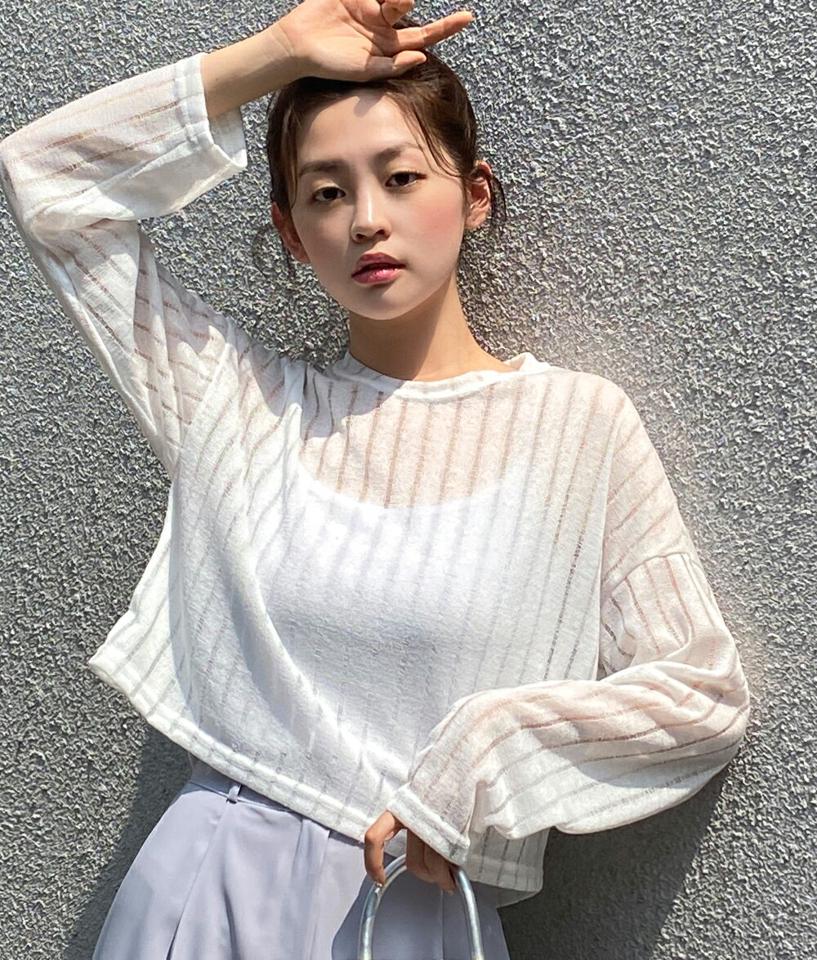 シアーラインTシャツ・全4色・b66811 レディース 【tops】トップス Tシャツ 長袖 シアー シースルー 透け感 ストライプ柄 カジュアル ラウンドネック ドロップショルダー クロップド丈 ラフ メッシュ 海 春 夏 韓国ファッション