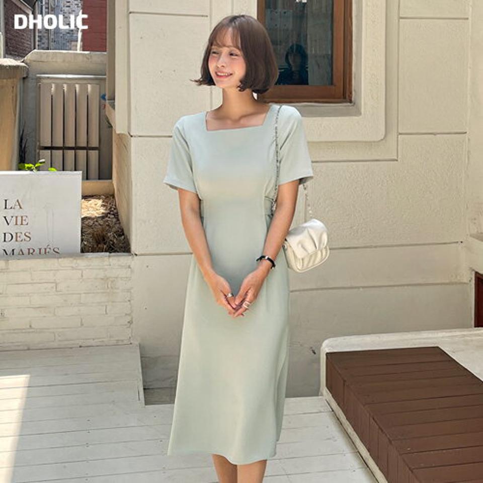 スクエアネックリボンワンピース・全4色・t66822 レディース 【ops】ワンピース ロング丈 ロングワンピース 半袖 スクエアネック 単色 無地 シンプル 大人 ベーシック フレア スリット パステル 春 夏 韓国ファッション