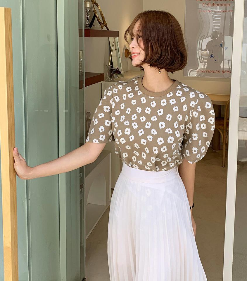 フラワーパターンパフTシャツ・全3色・t66810 レディース 【tops】トップス Tシャツ 半袖 パフスリーブ 花柄 レトロ ポップ パステル かわいい 可愛い ラウンドネック 総柄 紫 春 夏 韓国ファッション
