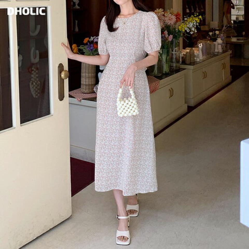 小花柄パフワンピース・全3色・t66821 レディース 【ops】ワンピース ロング丈 ロングワンピース 半袖 ハーフスリーブ 花柄 小花柄 パフスリーブ フェミニン ラウンドネック かわいい 可愛い 春 夏 韓国ファッション