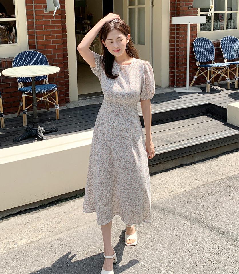 小花柄パフワンピース・全3色・t66821 レディース 【ops】ワンピース ロング丈 ロングワンピース 半袖 ハーフスリーブ 花柄 小花柄 パフスリーブ フェミニン ラウンドネック かわいい 可愛い 春 夏 韓国ファッション