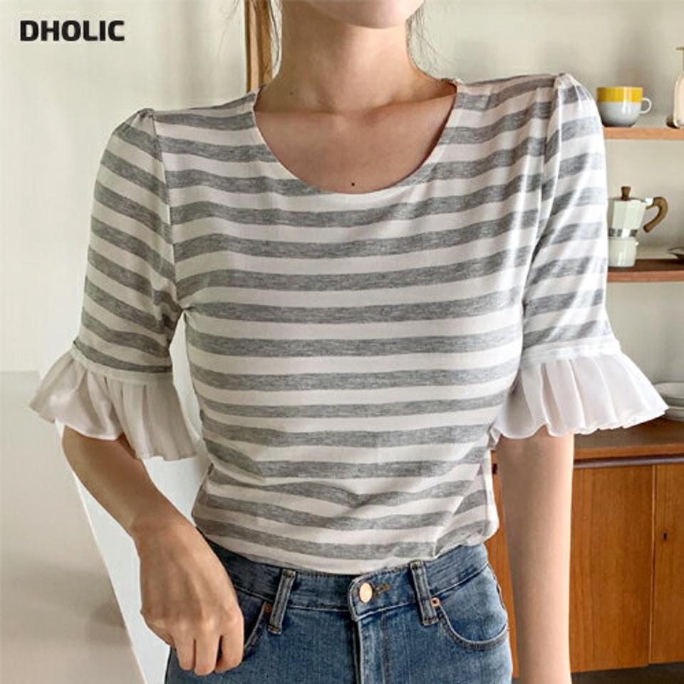 【10%OFF】プリーツヘムスリーブボーダーTシャツ・全3色・t66809 レディース 【tops】トップス Tシャツ 半袖 ハーフスリーブ フリル 透け感 シアー シースルー プリーツ 袖コン ボーダー柄 ラウンドネック かわいい カジュアル 大人 春 夏 韓国ファッション 半Tセール