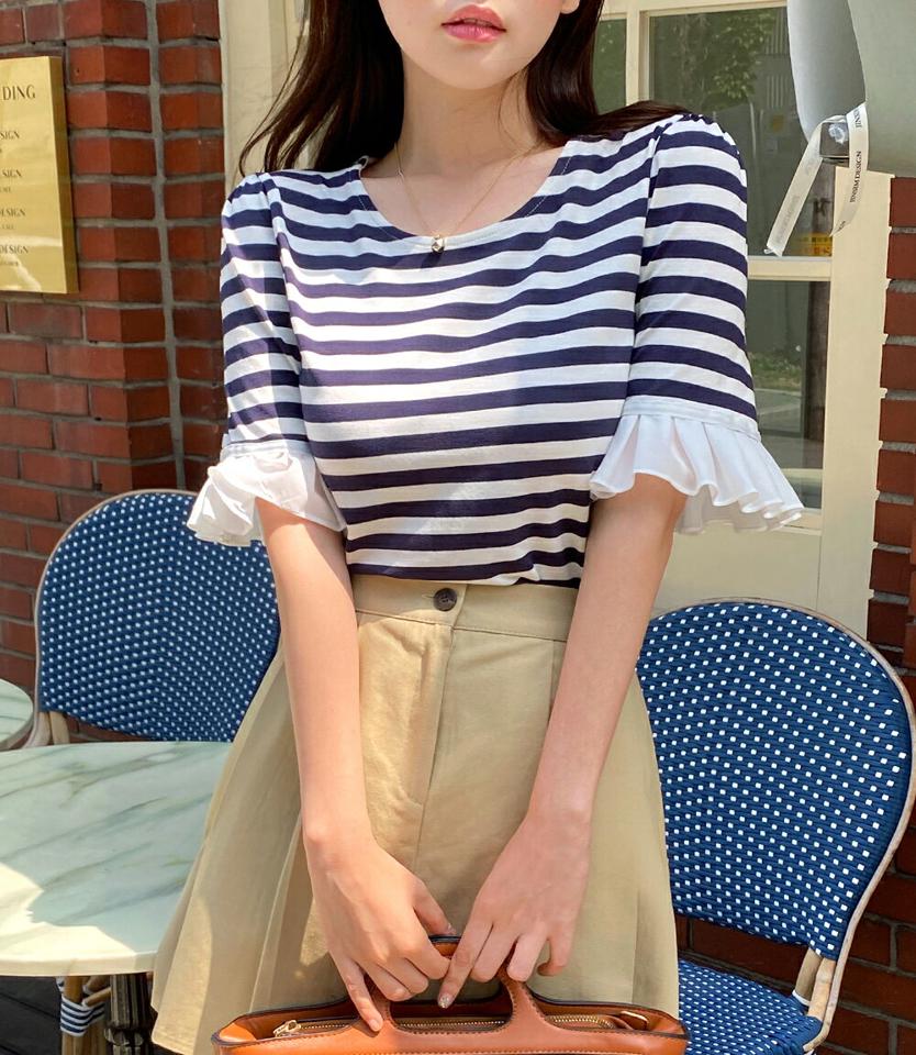【10%OFF】プリーツヘムスリーブボーダーTシャツ・全3色・t66809 レディース 【tops】トップス Tシャツ 半袖 ハーフスリーブ フリル 透け感 シアー シースルー プリーツ 袖コン ボーダー柄 ラウンドネック かわいい カジュアル 大人 春 夏 韓国ファッション 半Tセール