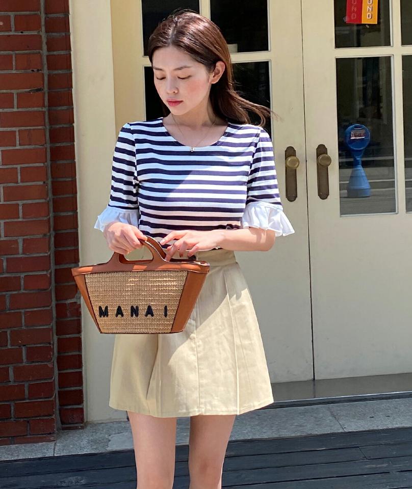 【10%OFF】プリーツヘムスリーブボーダーTシャツ・全3色・t66809 レディース 【tops】トップス Tシャツ 半袖 ハーフスリーブ フリル 透け感 シアー シースルー プリーツ 袖コン ボーダー柄 ラウンドネック かわいい カジュアル 大人 春 夏 韓国ファッション 半Tセール