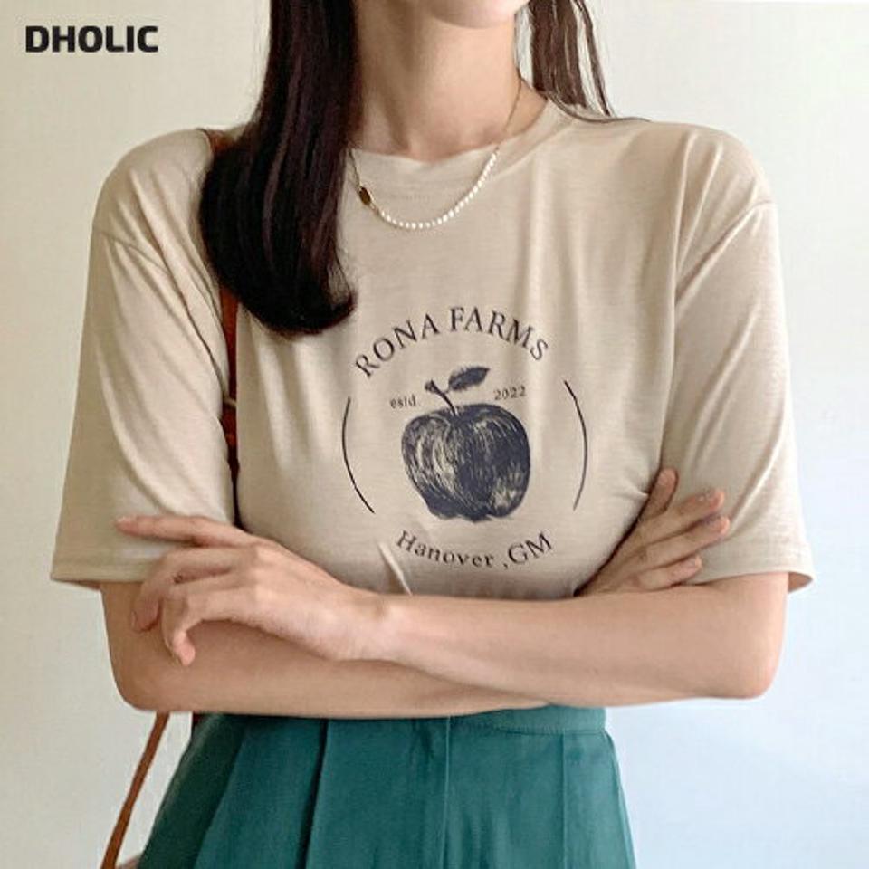 アップルプリントTシャツ・全3色・t66808 レディース 【tops】トップス Tシャツ 半袖 ハーフスリーブ ラウンドネック プリント 柄 模様 カジュアル ラフ レタリング 春 夏 韓国ファッション