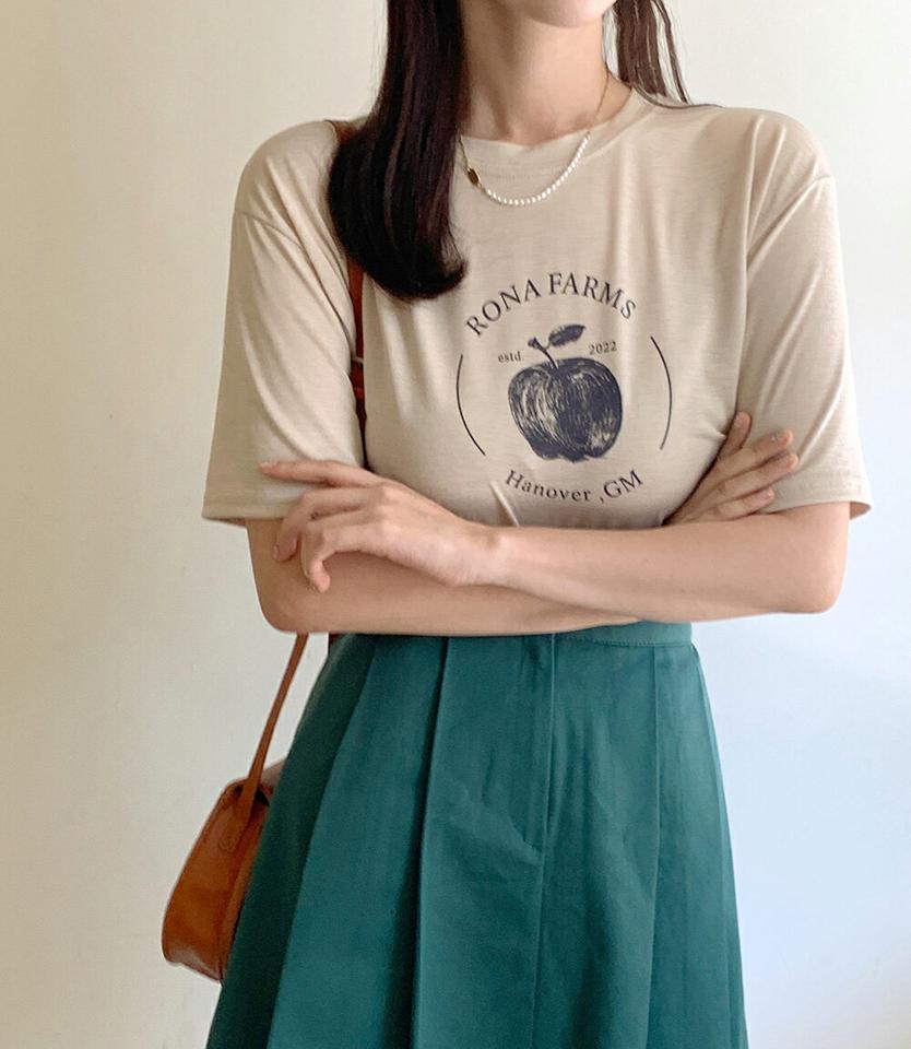 アップルプリントTシャツ・全3色・t66808 レディース 【tops】トップス Tシャツ 半袖 ハーフスリーブ ラウンドネック プリント 柄 模様 カジュアル ラフ レタリング 春 夏 韓国ファッション