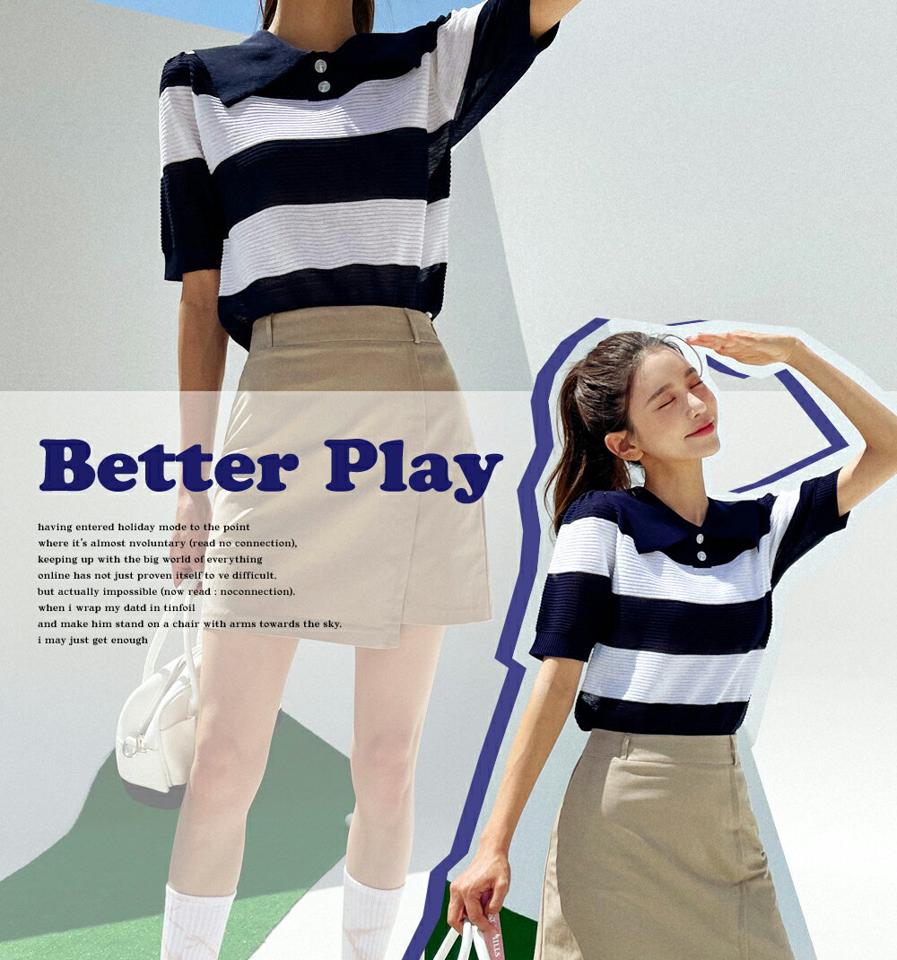 ボーダービッグカラーパフニット・全3色・b02487 レディース 【tops】トップス ニット 半袖 ハーフスリーブ ボーダー柄 ポロ襟 大きい襟 ボタン カジュアル 大人 パフスリーブ ラグランスリーブ 春 夏 韓国ファッション GOLFWEAR ゴルフウェア