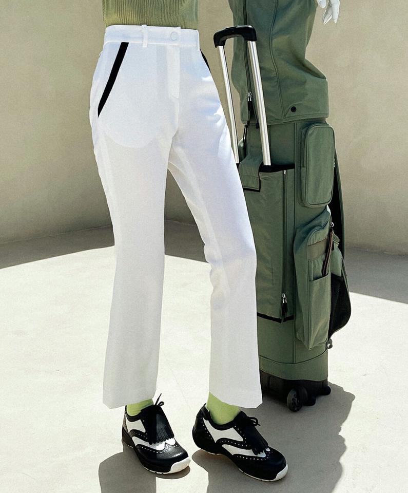 配色テープラインパンツ・全2色・02508 レディース 【pt】パンツ ズボン ロングパンツ 長ズボン ライン 配色 ホック ハイウエスト セミフレア スリム 大人 シンプル 春 夏 韓国ファッション GOLFWEAR ゴルフウェア