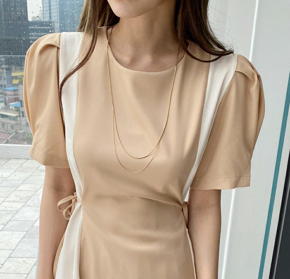 【10%OFF】サイド配色リボンワンピース・全2色・b72271 レディース 【ops】ワンピース ロング丈 半袖 配色 柄 模様 リボン りぼん パステル 体型カバー パフ袖 パフスリーブ フレア 上品 かわいい 可愛い 春 夏 フェミニン 韓国ファッション ハイホリHIHOLLI セール SALE