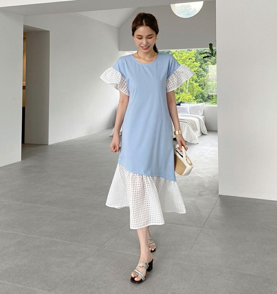 【10%OFF】メッシュヘムワンピース・全3色・b72267 レディース 【ops】ワンピース ロング丈 半袖 異素材 柄 メッシュ パステル 透け感 シアー シースルー ヘム 体型カバー 二の腕カバー 春 夏 フェミニン 水色 パフスリーブ 韓国ファッション ハイホリHIHOLLI セール SALE