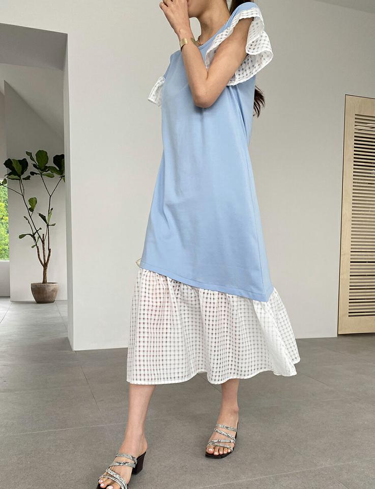【10%OFF】メッシュヘムワンピース・全3色・b72267 レディース 【ops】ワンピース ロング丈 半袖 異素材 柄 メッシュ パステル 透け感 シアー シースルー ヘム 体型カバー 二の腕カバー 春 夏 フェミニン 水色 パフスリーブ 韓国ファッション ハイホリHIHOLLI セール SALE