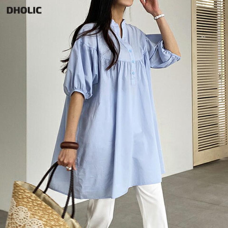 【10%OFF】ハーフボタンギャザーロングブラウス・全4色・t72265 レディース 【bl】ブラウス トップス 半袖 綿 コットン 単色 無地 ボタン パフ お腹カバー 体型カバー 二の腕カバー ゆったり ロング丈 春 夏 パステル 水色 韓国ファッション ハイホリHIHOLLI セール SALE