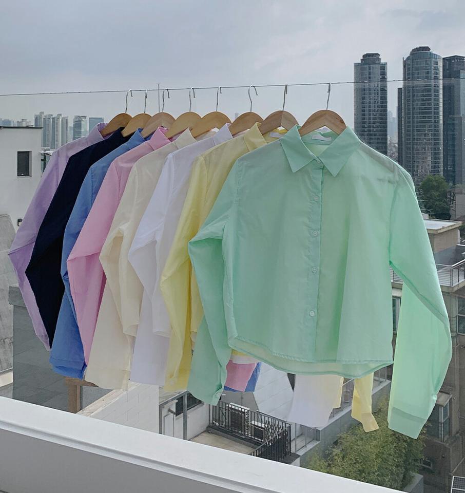 クロップドシャツ・全8色・t72264 レディース 【bl】シャツ 長袖 襟 ボタン 単色 無地 シンプル ベーシック クロップド丈 パステル カラバリ 春 夏 可愛い かわいい カジュアル 大人っぽ 綿 コットン 韓国ファッション ハイホリHIHOLLI