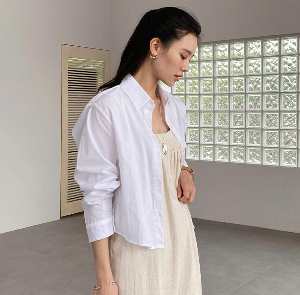 クロップドシャツ・全8色・t72264 レディース 【bl】シャツ 長袖 襟 ボタン 単色 無地 シンプル ベーシック クロップド丈 パステル カラバリ 春 夏 可愛い かわいい カジュアル 大人っぽ 綿 コットン 韓国ファッション ハイホリHIHOLLI