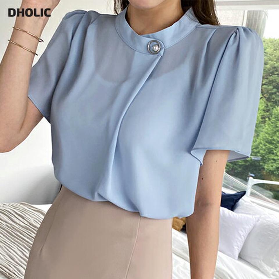 【10%OFF】フェイクパールリングパフブラウス・全4色・t72262 レディース 【bl】ブラウス トップス 半袖 無地 パステル パール リング パフ 二の腕カバー オフィスカジュアル 上品 春 夏 大人っぽ フェミニン きれいめ 水色 韓国ファッション ハイホリHIHOLLI セール SALE