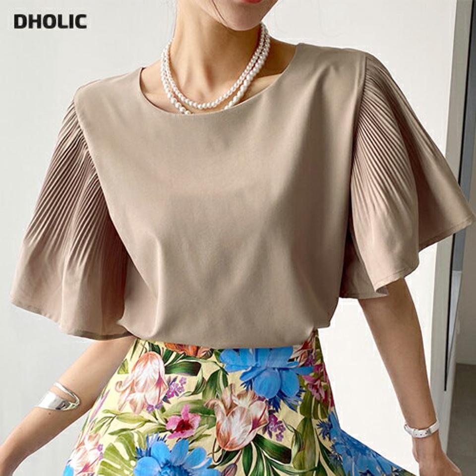 【10%OFF】プリーツスリーブブラウス・全3色・b72261 レディース 【bl】ブラウス トップス 半袖 二の腕カバー 体型カバー 単色 プリーツ フリル 高級感 上品 ルーズ 春 夏 フェミニン かわいい 可愛い 大人 きれいめ 韓国ファッション ハイホリHIHOLLI セール SALE