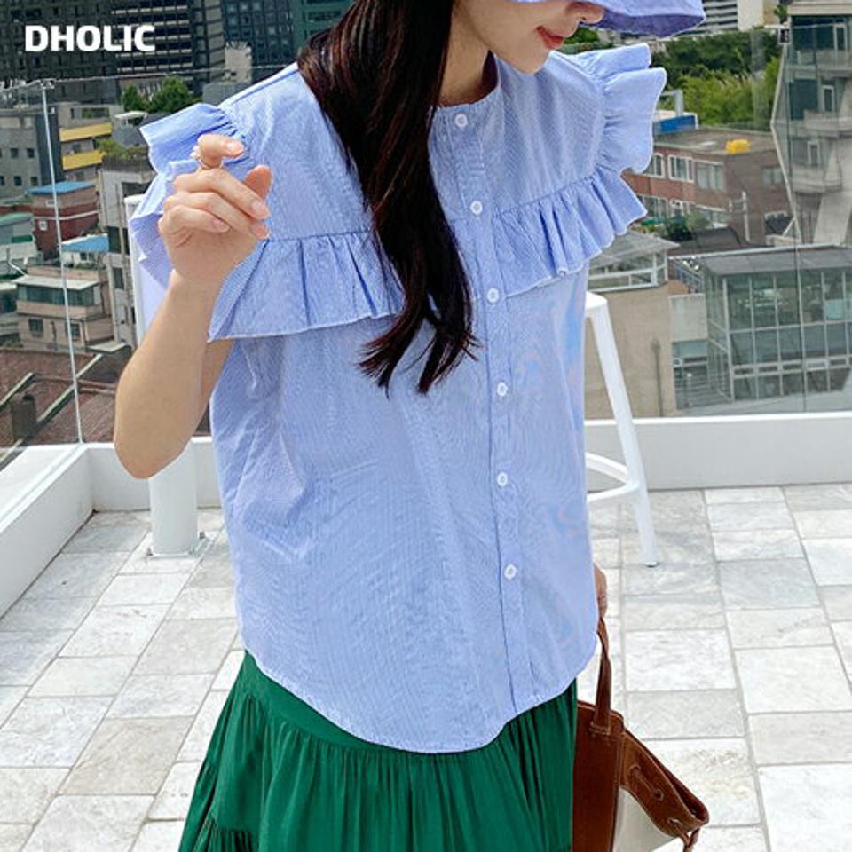 2TYPEフリルブラウス・全3色・b72259 レディース 【bl】ブラウス トップス 半袖 柄 模様 フリル 無地 単色 二の腕カバー ストライプ ボタン 春 夏 ラブリー フェミニン かわいい 可愛い ガーリー 水色 韓国ファッション ハイホリHIHOLLI