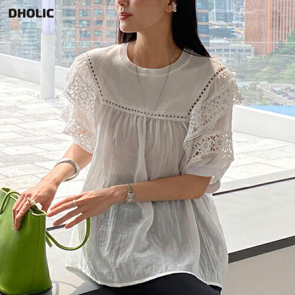 ニットレースフレアブラウス・全3色・b72293 レディース 【bl】ブラウス トップス 半袖 二の腕カバー ゆったり 楽ちん 体型カバー お腹カバー 柄 模様 異素材 レース フレア ニット 春 夏 フェミニン パフ 爽やか 韓国ファッション ハイホリHIHOLLI