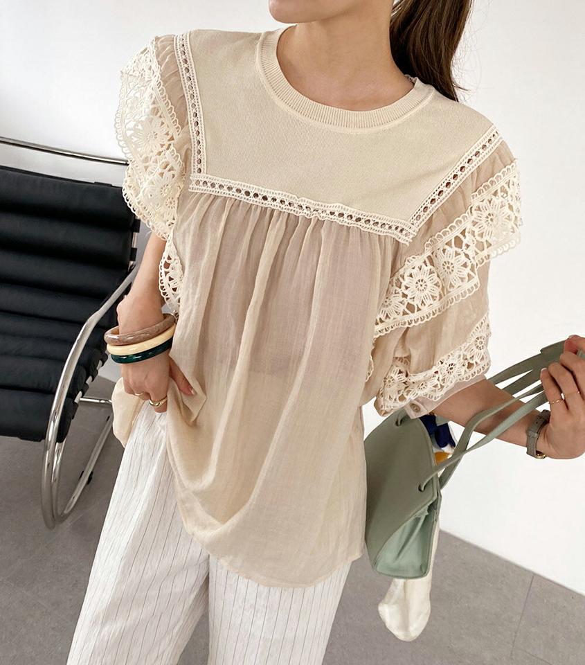 ニットレースフレアブラウス・全3色・b72293 レディース 【bl】ブラウス トップス 半袖 二の腕カバー ゆったり 楽ちん 体型カバー お腹カバー 柄 模様 異素材 レース フレア ニット 春 夏 フェミニン パフ 爽やか 韓国ファッション ハイホリHIHOLLI