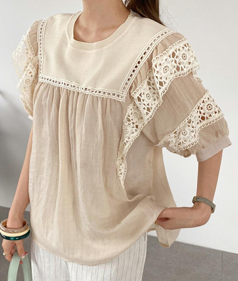 ニットレースフレアブラウス・全3色・b72293 レディース 【bl】ブラウス トップス 半袖 二の腕カバー ゆったり 楽ちん 体型カバー お腹カバー 柄 模様 異素材 レース フレア ニット 春 夏 フェミニン パフ 爽やか 韓国ファッション ハイホリHIHOLLI