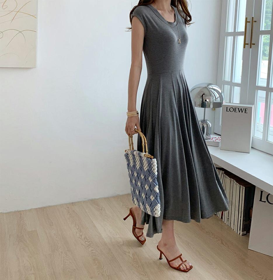 ≪人気商品再入荷≫フレアフレンチスリーブワンピース・全3色・e72563 レディース 【ops】ワンピース ロング丈 半袖 単色 無地 メランジ シンプル ベーシック フレア フレンチスリーブ アンバランス 春 夏 韓国ファッション ハイホリHIHOLLI