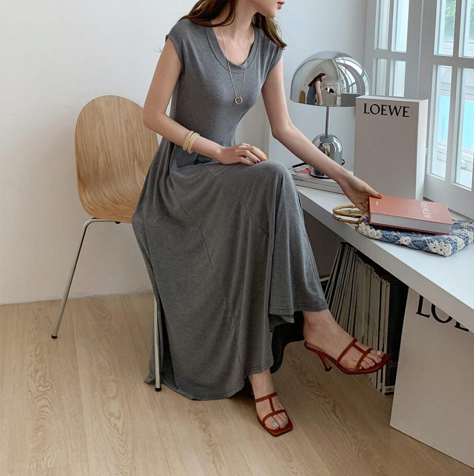 ≪人気商品再入荷≫フレアフレンチスリーブワンピース・全3色・e72563 レディース 【ops】ワンピース ロング丈 半袖 単色 無地 メランジ シンプル ベーシック フレア フレンチスリーブ アンバランス 春 夏 韓国ファッション ハイホリHIHOLLI