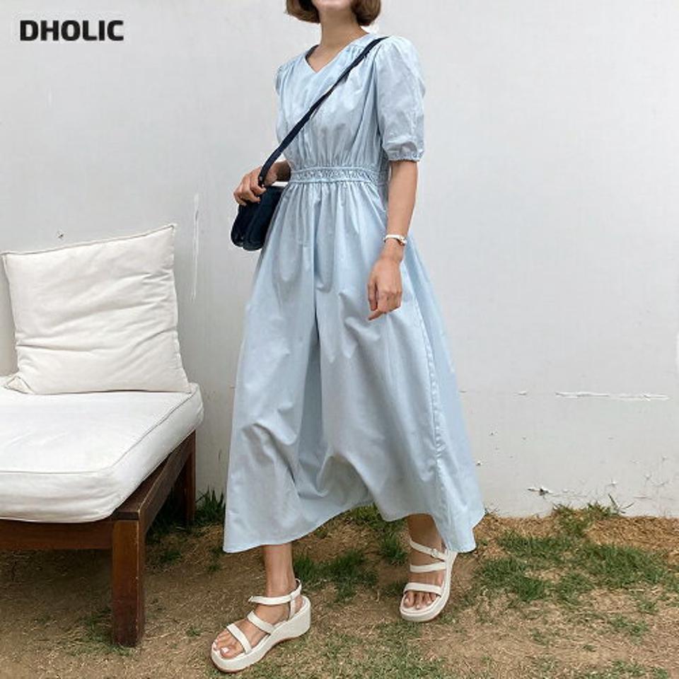 Vネックギャザーワンピース・全3色・t01206 レディース 【ops】ワンピース ロング丈 ロングワンピース 半袖 ハーフスリーブ Vネック ギャザー 単色 無地 シンプル フレア 水色 パステル ウエストゴム 春 夏 韓国ファッション