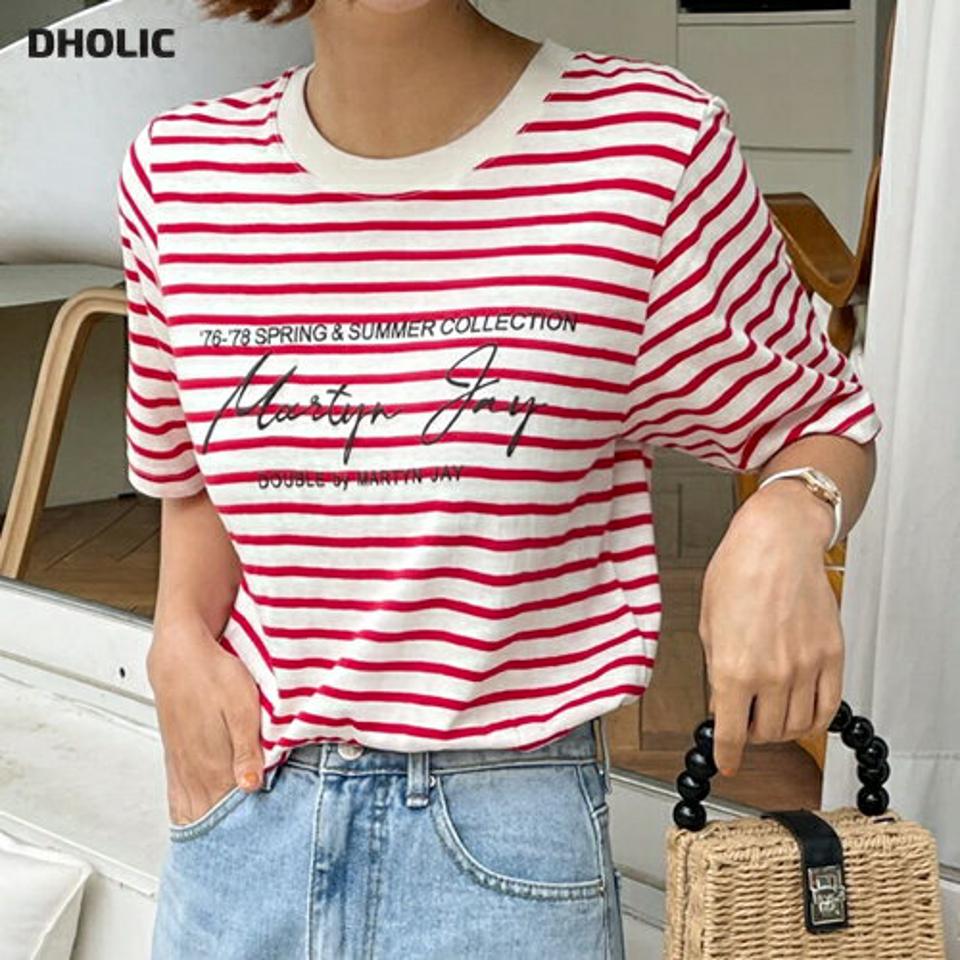 ボーダーレタリングTシャツ・全4色・t01195 レディース 【tops】トップス Tシャツ 半袖 ハーフスリーブ ボーダー柄 レタリング ロゴ ロゴT カジュアル ラウンドネック 赤 春 夏 韓国ファッション