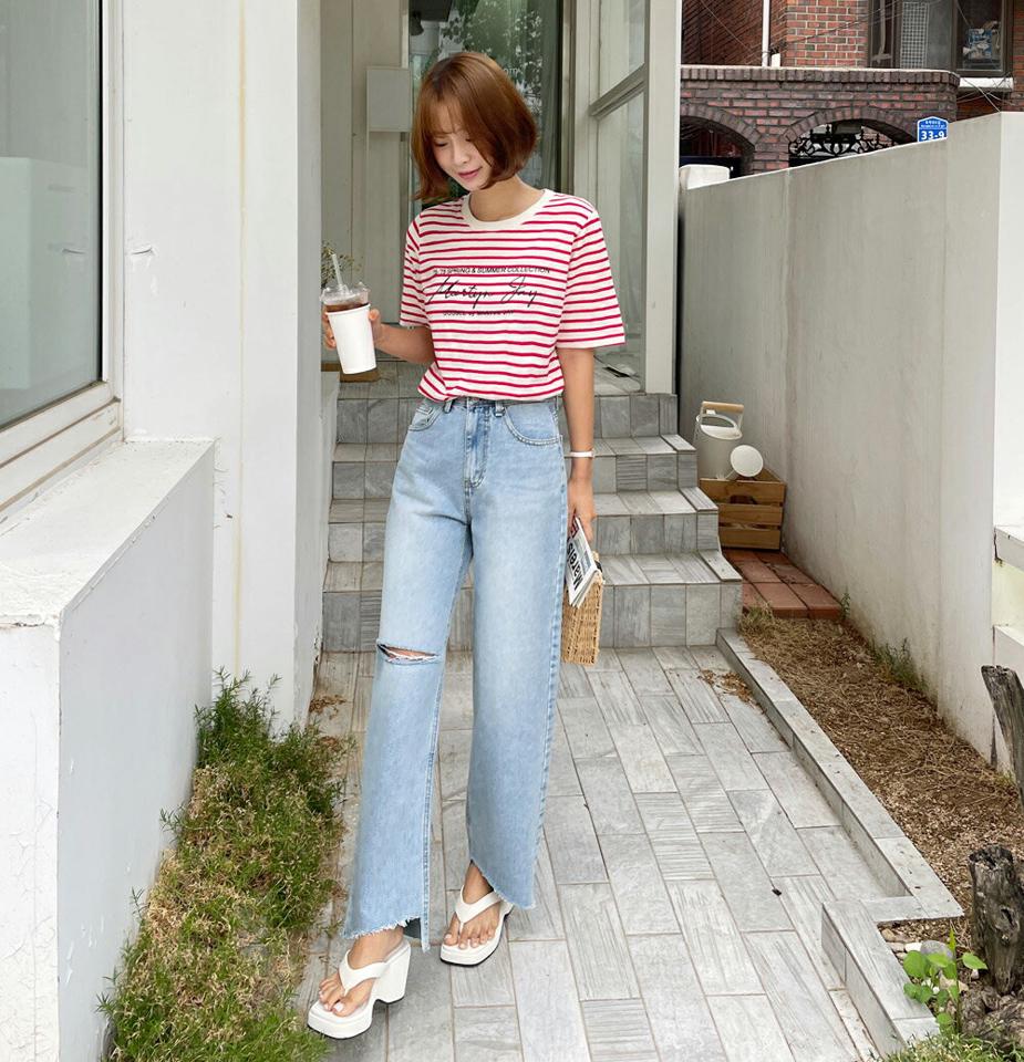 ボーダーレタリングTシャツ・全4色・t01195 レディース 【tops】トップス Tシャツ 半袖 ハーフスリーブ ボーダー柄 レタリング ロゴ ロゴT カジュアル ラウンドネック 赤 春 夏 韓国ファッション