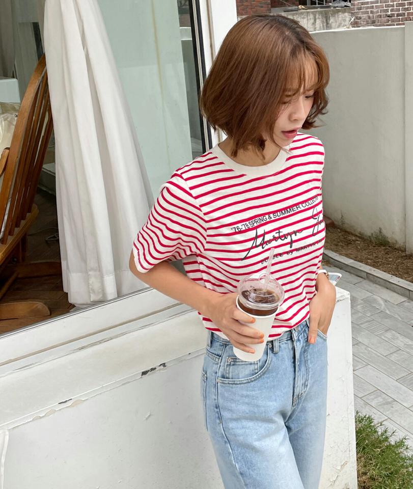 ボーダーレタリングTシャツ・全4色・t01195 レディース 【tops】トップス Tシャツ 半袖 ハーフスリーブ ボーダー柄 レタリング ロゴ ロゴT カジュアル ラウンドネック 赤 春 夏 韓国ファッション