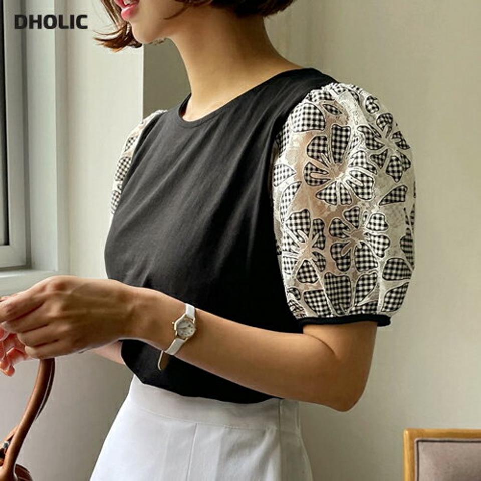 チェック花柄刺繍パフスリーブTシャツ・全2色・b01194 レディース 【tops】トップス Tシャツ 半袖 ハーフスリーブ 袖コン 花柄 ギンガムチェック 刺繍 ガーリー パフスリーブ 二の腕カバー かわいい 可愛い ラウンドネック 春 夏 韓国ファッション