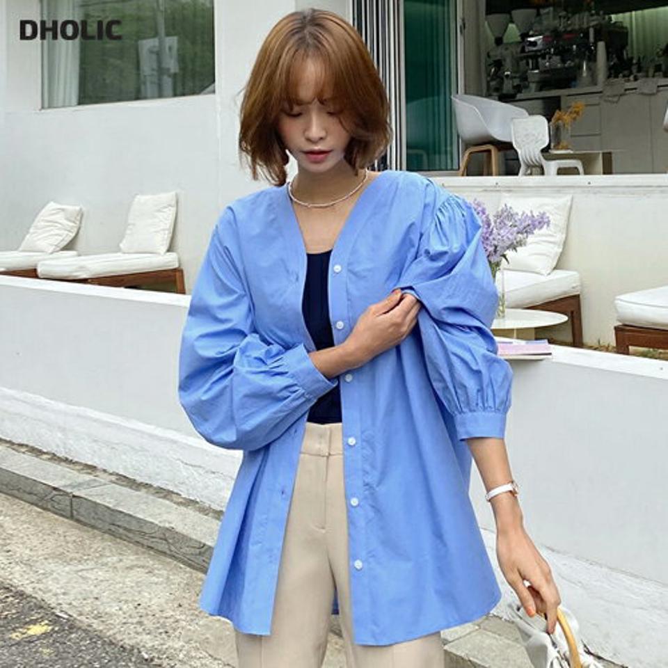 Vネックギャザーブラウス・全2色・t01202 レディース 【bl】トップス ブラウス 長袖 パフスリーブ 袖コン ギャザー 単色 無地 シンプル 大人 カジュアル ノーカラー 青 コットン 綿 春 秋 韓国ファッション