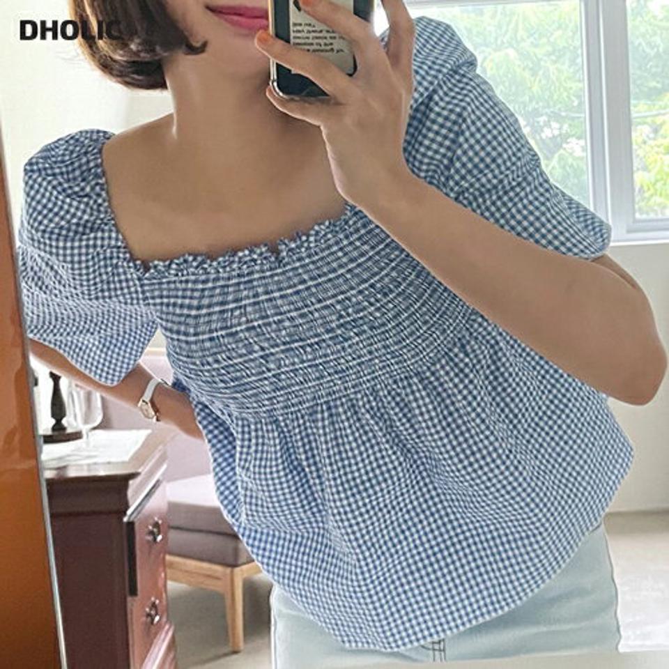 2WAYギンガムチェックシャーリングブラウス・全3色・t01198 レディース 【bl】トップス ブラウス 半袖 チェック柄 ギンガムチェック シャーリング オフショルダー ガーリー 青 パフスリーブ 二の腕カバー お腹カバー 夏 韓国ファッション